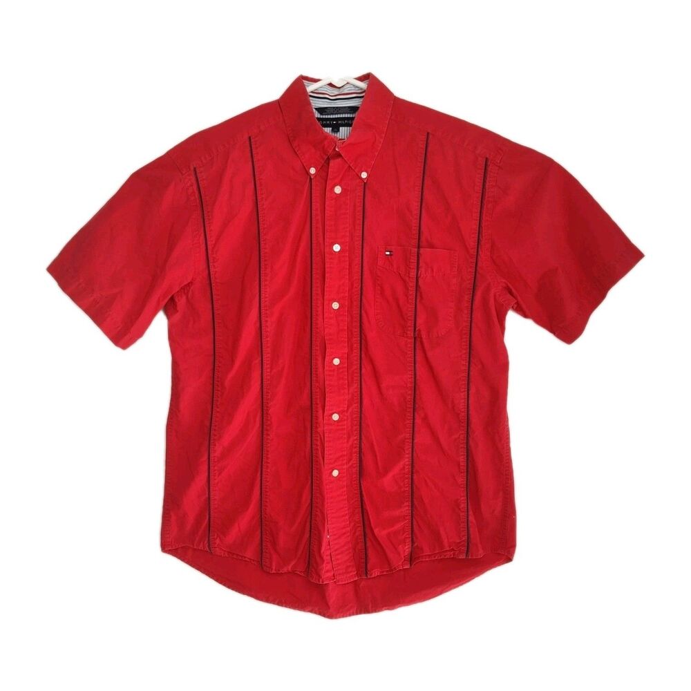 Tommy Hilfiger Button-Up Shirt Men's L Red w/ Black Stripes Short Sleeves Pocket